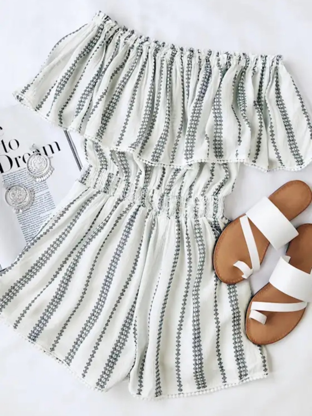 Lulu's off shoulder boho romper striped festival White Navy Embroidery summer S - Picture 11 of 13
